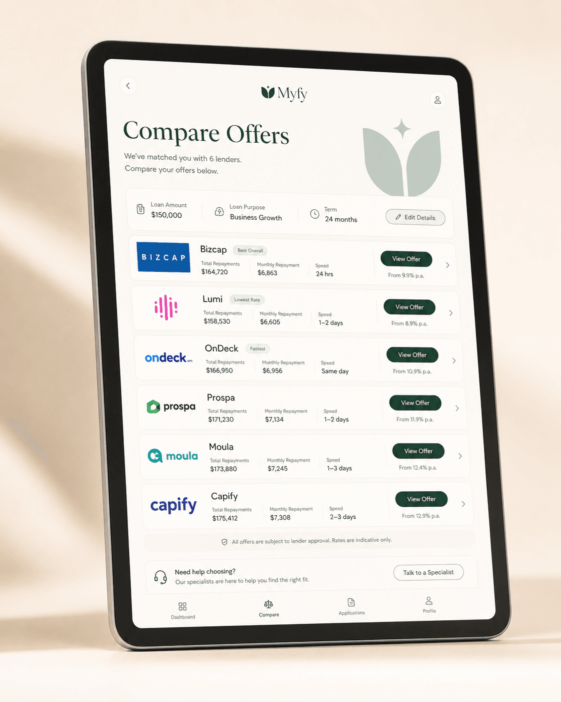 Equipment finance screen inside the Myfy app